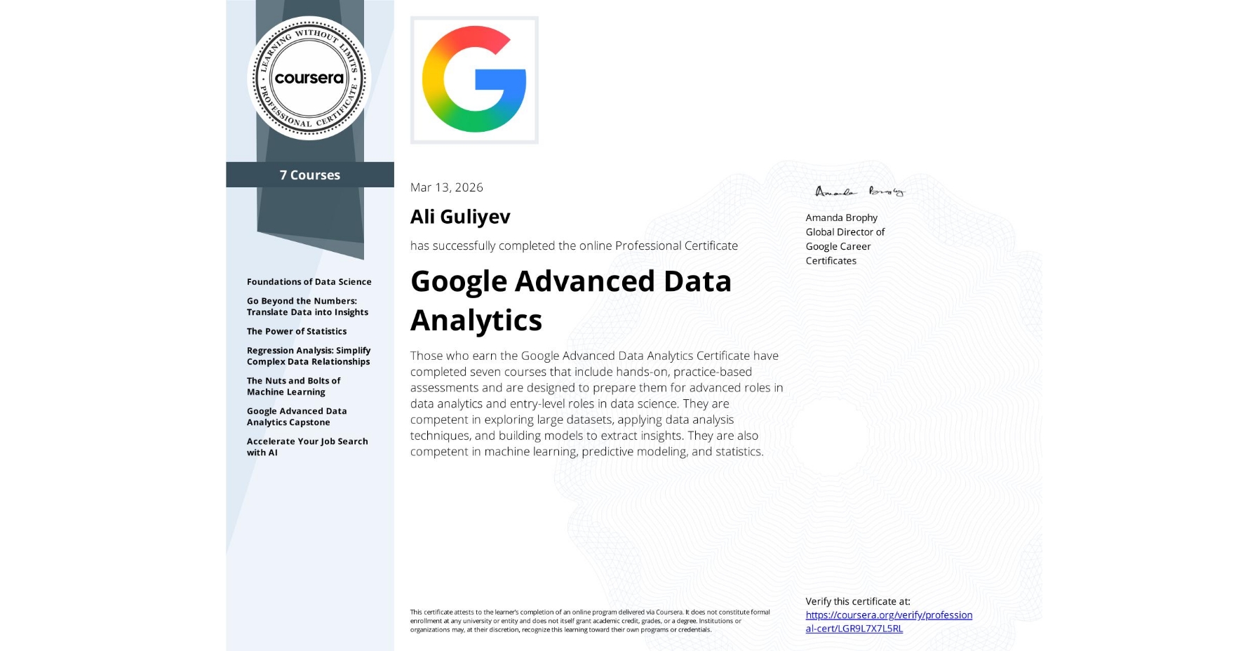 Google Advanced Data Analytics certificate preview