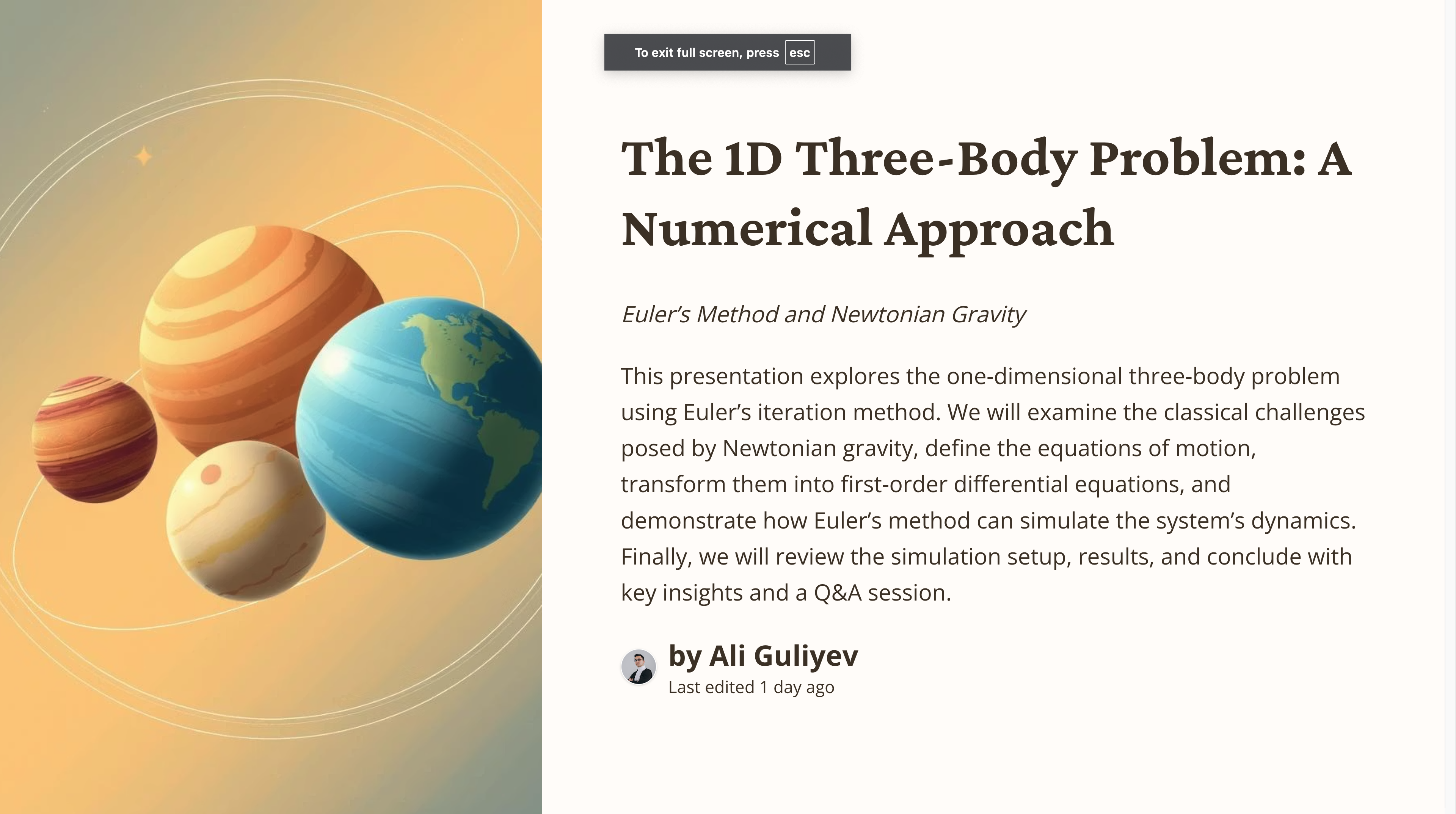 Differential Equations l: 1-D Presentation of 3-Body Problem